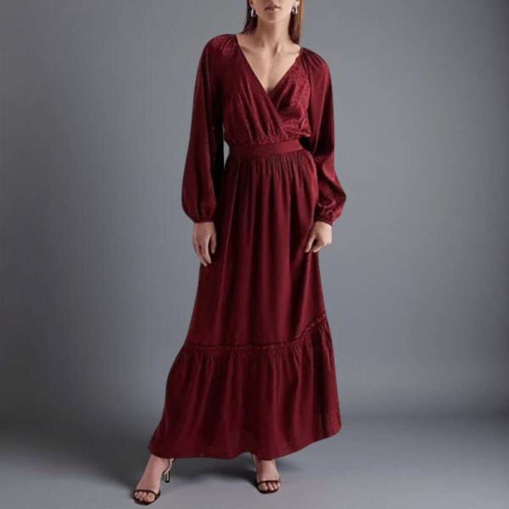 EXPRESS SATIN FLORAL JACQUARD V-NECK TIERED MAXI DRESS